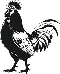 Stylized black and white rooster illustration with detailed feathers, elegant tail, proud stance, farm animal vector for branding and design.