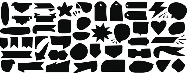 Collection of hand drawn black shapes and labels on white background A diverse assortment of black, hand-drawn shapes and labels, including banners, tags, stars, and hearts, scattered across a white 