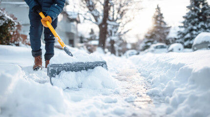 Person shoveling snow on a residential sidewalk during winter morning, clearing pathway after heavy snowfall with sunlight and trees in the background.