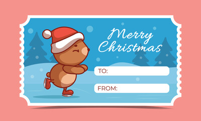 A funny Christmas ticket with a cute kawaii bear skating.