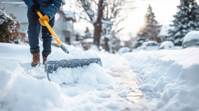 Person shoveling snow on a residential sidewalk during winter morning, clearing pathway after heavy snowfall with sunlight and trees in the background.