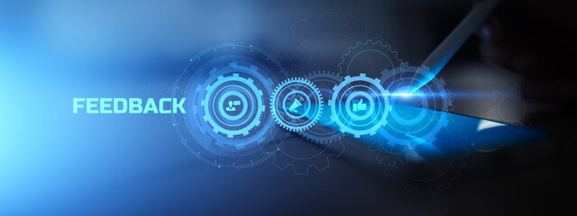 Feedback Collection and User Engagement Concept Projected on Mobile Interface with Gear Icons.
