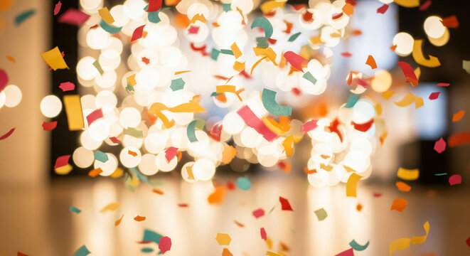 Festive confetti celebration with multicolored paper pieces floating against vibrant party background with bokeh lighting - Powered by Adobe