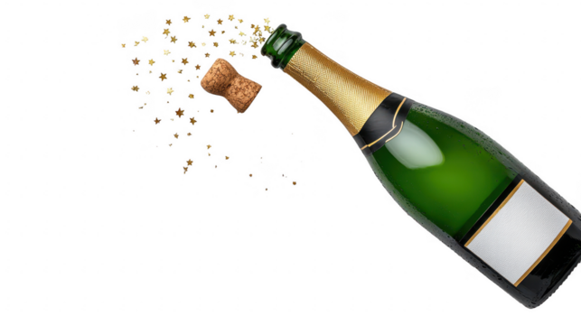 Champagne bottle pouring golden stars digital art celebratory theme festive concept