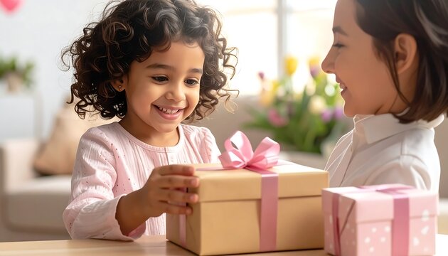 Two smiling girls with gift boxes tied with pink ribbons, flowers in background, light tones, happy moment - Powered by Adobe