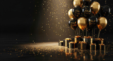 Black Friday sale with gold and black gifts and balloons