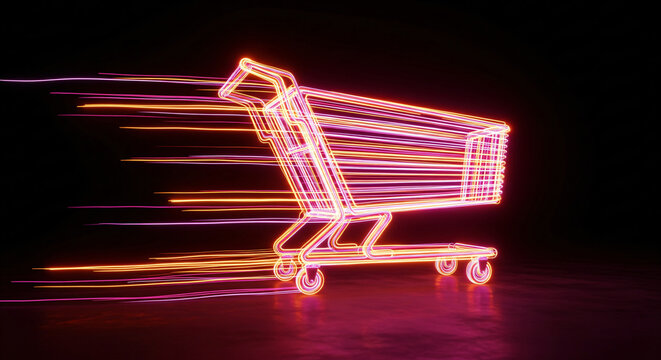 glossy 3D shopping cart glowing in neon blue with golden discount sign inside, black background with cinematic lighting, wide copy space for Black Friday Cyber Monday banner