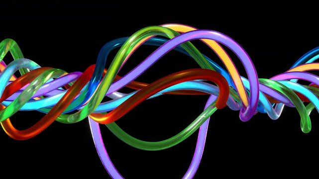 Abstract colorful glass cables intertwine and move dynamically on black background with alpha channel transparency
