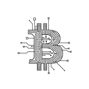 Bitcoin icon with circuit pattern on transparent background, minimalistic design, outlining style