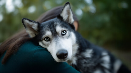 Obraz premium Emotional portrait of a Siberian Husky looking up at its owner with bright blue eyes, showing loyalty and affection. The dogâs black and white fur contrasts with the personâs dark