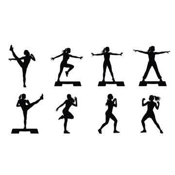 Aerobic silhouettes collection of women doing step aerobics exercises for fitness and health