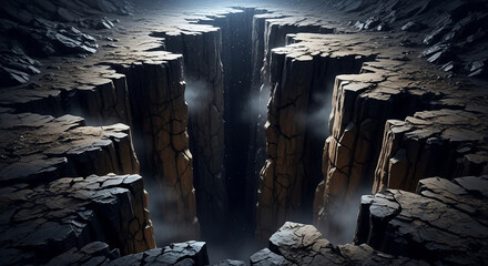 A deep chasm stretches across a desolate landscape, illuminated by a distant light