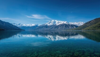 Crystal clear lake reflects majestic snow-capped mountains under a vibrant blue sky, offering a breathtaking natural panorama.