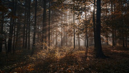 Golden sunbeams pierce through misty autumn forest canopy illuminating fallen leaves creating a serene and magical woodland atmosphere.