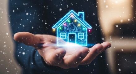 Digital House Model in Hand with Snow Falling in Cozy Atmosphere
