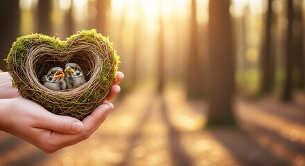 Hands Holding Bird Nest with Chicks Amid a Forest Background