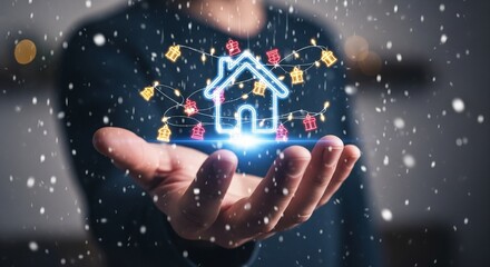 Creative Concept of Virtual House with Gifts in Winter Snowfall