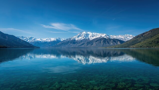Crystal clear lake reflects majestic snow-capped mountains under a vibrant blue sky, offering a breathtaking natural panorama.