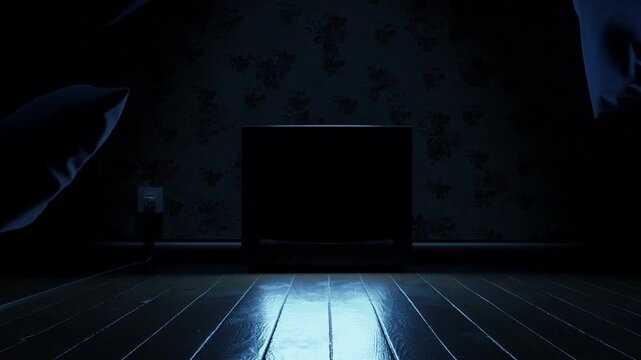 Retro television with Alpha Channel screen on wooden floor at night, surrounded by flying pillows