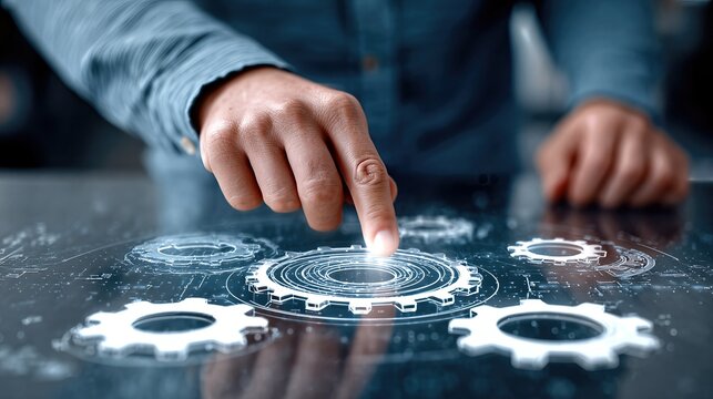 A businessman adjusts glowing holographic gears, symbolizing automation, teamwork, and advanced technology in modern industry