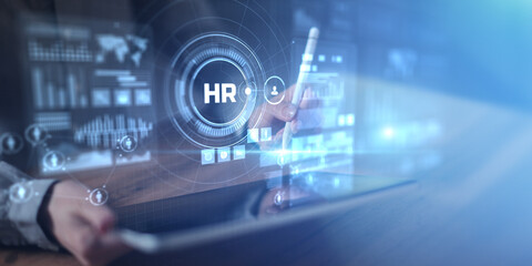 HR Analytics Interface on Virtual Screen as Wide Business and Technology Banner.