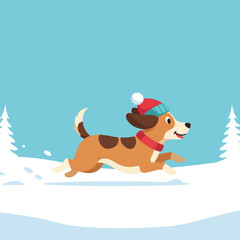 A cheerful cartoon dog wearing a winter hat and scarf runs through the snow with footprints.