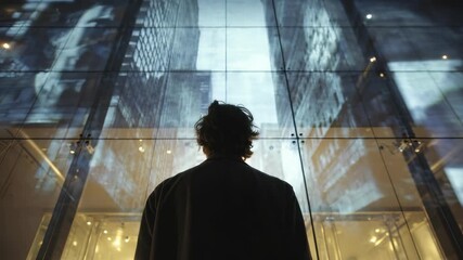 The silhouette of a person gazes at towering skyscrapers projected on glass, evoking themes of innovation and urban exploration. The scene captures a sense of wonder and digital transformation