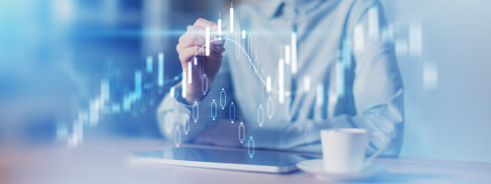 Candlestick Chart Analysis and Trading Interface Projected on Virtual Screen.