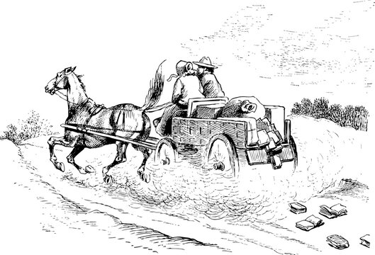 A couple riding at high speed, single horse drawn carriage, fast, with a cloud of dust, books falling off behind. Monochrome Vintage line drawing from the 1890s.