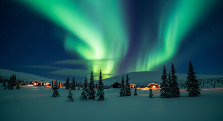 Beautiful landscape featuring a home nestled amongst a magical forest of Aurora borealis-lit trees , Northern lights, winter, cabin