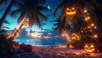 Tropical beach is decorated for Halloween at night, with pumpkins, palm trees, and string lights