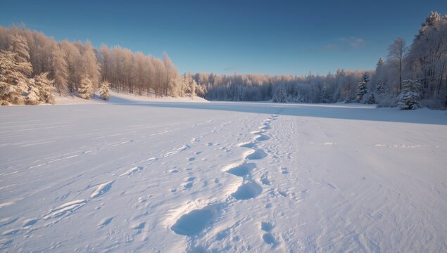 Crisp winter morning reveals pristine snow-covered landscape with a winding path of footprints leading through frosted trees under clear blue sky
