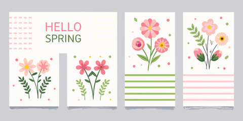 Set of four charming spring greeting cards with floral illustrations and the text hello spring © Raju