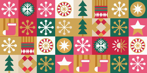 Festive holiday geometric seamless pattern with christmas icons and snowflakes in retro colors