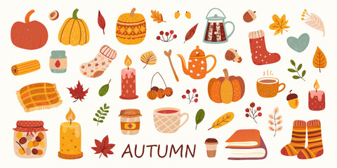 Cozy autumn elements collection featuring pumpkins candles leaves and warm drinks for seasonal design