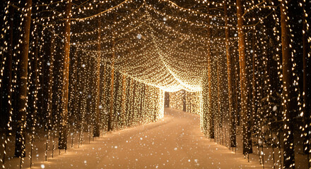 a street lined with trees covered in snow at night with lights on the poles and street lamps on either side of the road.