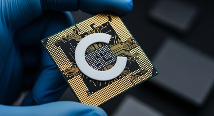 Hand Holding Microprocessor with Cyber Circuitry on Dark Background