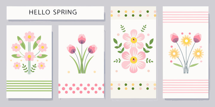 Collection of four cheerful spring greeting cards featuring colorful floral illustrations and decorative patterns