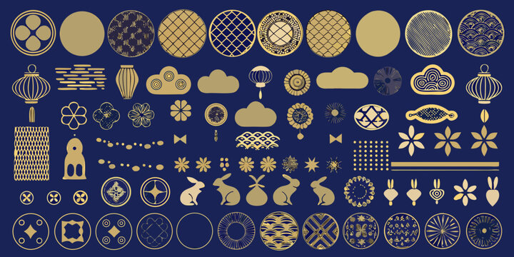 Collection of golden japanese inspired icons and patterns on a deep blue background