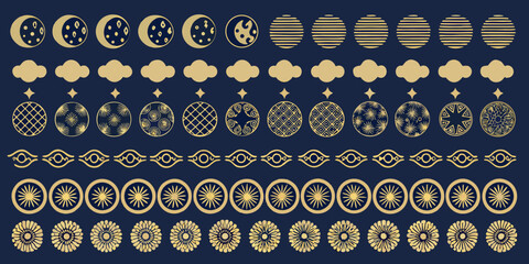 Collection of golden celestial and floral motifs on dark blue background
