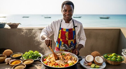 Chef Prepares Fresh Seafood Dish with Vegetables by the Beach