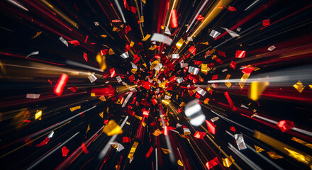 Colorful metallic spiral ribbons with falling confetti on gradient background in festive abstract style with soft light effect.