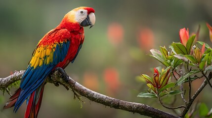 A vibrant macaw perched on a branch with lush greenery and blurred background in a natural setting