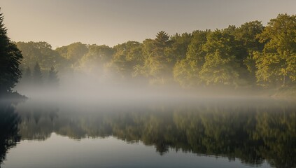 Serene misty lake at dawn with golden sunlight filtering through lush green trees reflecting on calm water, creating a peaceful natural landscape.