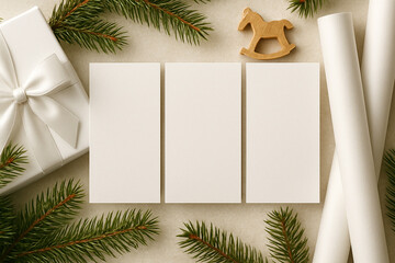 Three white cards arranged in a row on a light surface with festive decor and wrapping elements. Calm neutral tones and soft natural light.