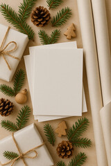 Vertical composition with white blank cards, gift on the left and wrapping paper on the right. Soft natural light and Christmas accents in neutral style.