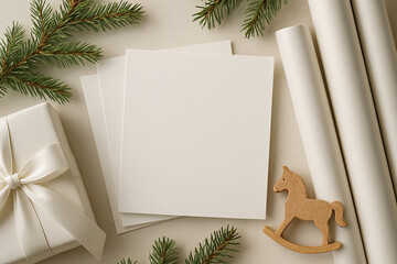 Horizontal composition with white blank cards on a light neutral table. Christmas decor with fir branches, gift box and wrapping paper in soft natural light, Scandinavian minimal style.