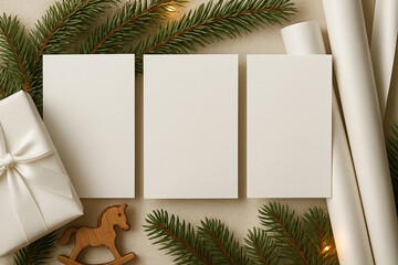 Three white cards arranged in a row on a light surface with festive decor and wrapping elements. Calm neutral tones and soft natural light.