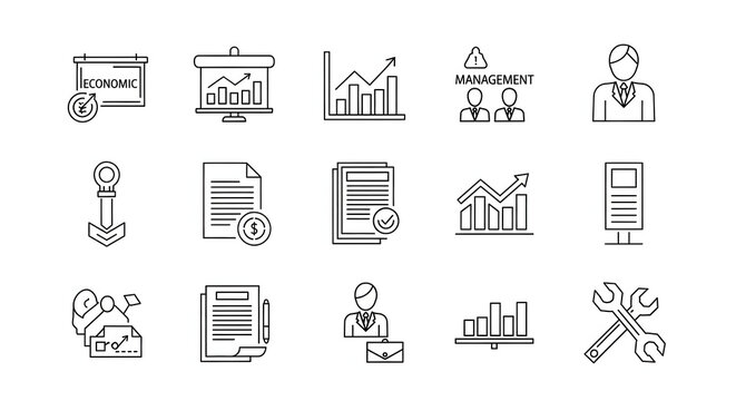 Business Icon Collection: A set of clean, minimalist business icons, offering a visual vocabulary for business concepts, finance, and professional services.