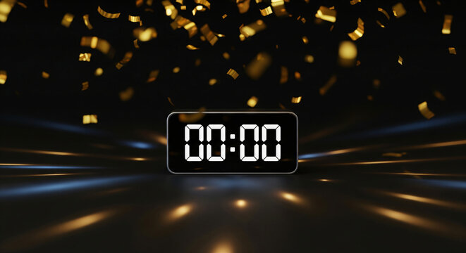 Digital countdown clock showing New Year's Day, Christmas and Black Friday with bokeh lights on black background.